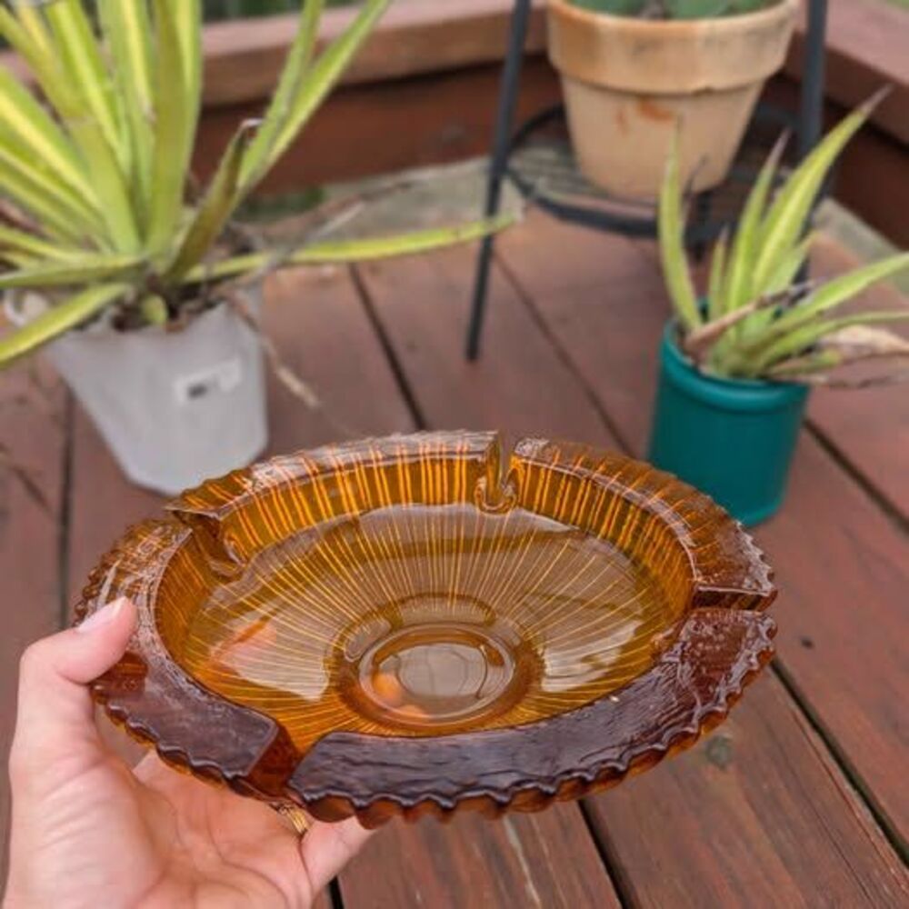 Vintage 1962 Blenko Amber Ribbed Sunburst Ashtray 9" Wayne Husted Era MCM 624